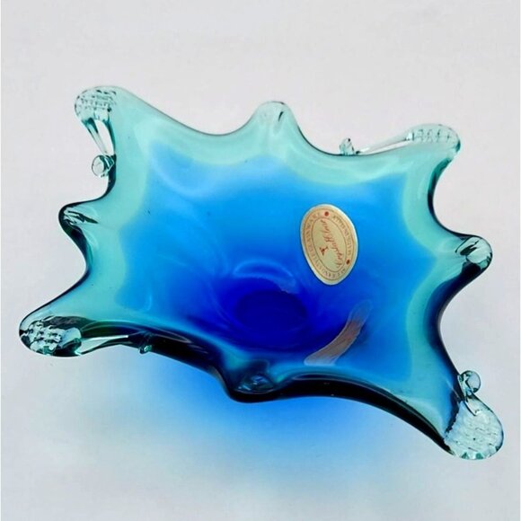 Hand Blown Murano Style Art Glass Trinket Dish Crystal Clear Blue Abstract Italy - Picture 3 of 10